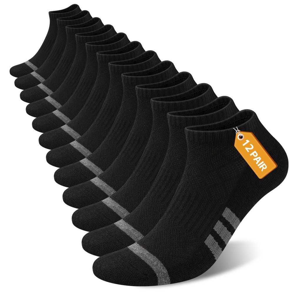 12 Pairs Men’s Black Ankle Socks Low Cut Athletic Cushion