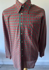 VINTAGE mens 70s ZURICH RED/GREEN CHECK PLAID COTTON LONG SLEEVED SHIRT 44″