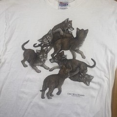 Vintage Hanes Beefy T Grey Wolf Puppies Wildlife Graphic T Shirt White Adult L