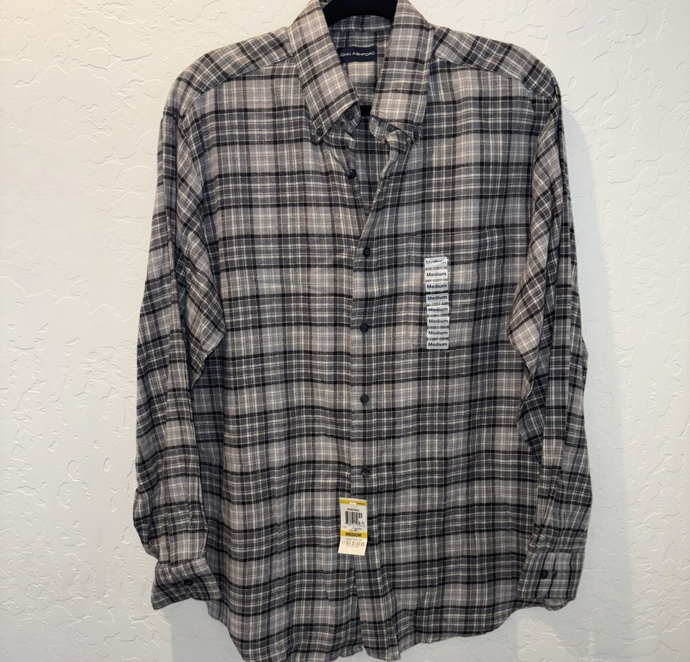 New John Ashford Gray Flannel Plaid Shirt Medium