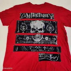 Affliction T Shirt Men XL Red Black Gray Silver Foil Patch Skull USA Distressed