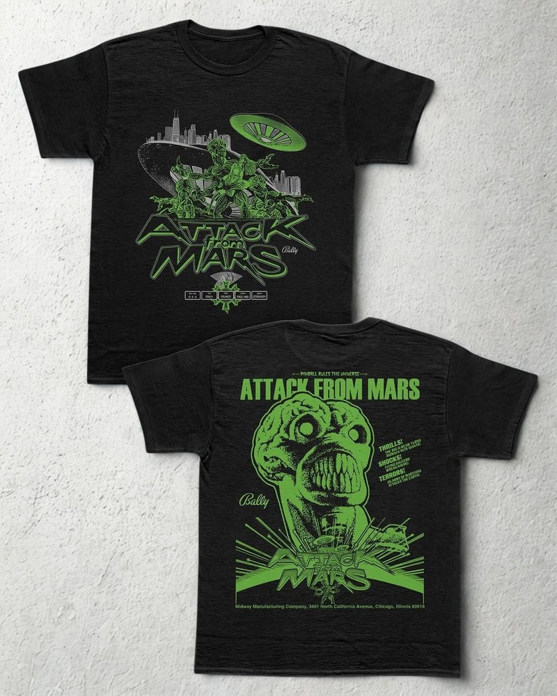 Attack From Mars Retro Pinball Graphic Tee – Sci-Fi Alien Invasion Black T-Shirt