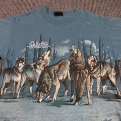 Vintage Habitat Wolves Shirt Mens Medium Blue Cabelas AOP Tee USA Single Stitch