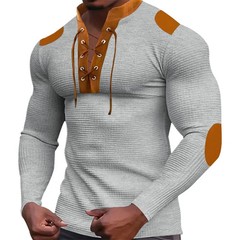 Cross-border new men’s waffle color matching strap V-neck top casual.