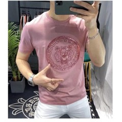 New Men Luxury Tiger Rhinestones Fashion Black White Pink T-Shirt High Quality