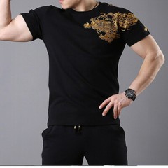 Mens Japanese Pattern Embroidery Gold Dragon T-Shirt Stretch Black Short Sleeve