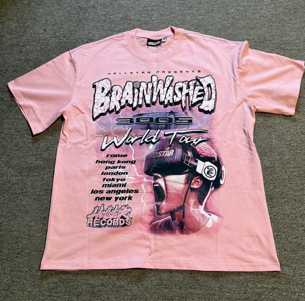 Hellstar Men’s Pink Brainwashed 3005 World Tour Graphic Tee, Crew Neck, 10