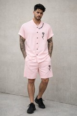 Manfinity Homme Men’s 2-Piece Set Large Baby Pink Button Shirt & Shorts Rose Gra