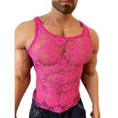 Men’s Stretchy Floral Lace Mesh Tank Top Sleeveless Fitted Vest for Vacation