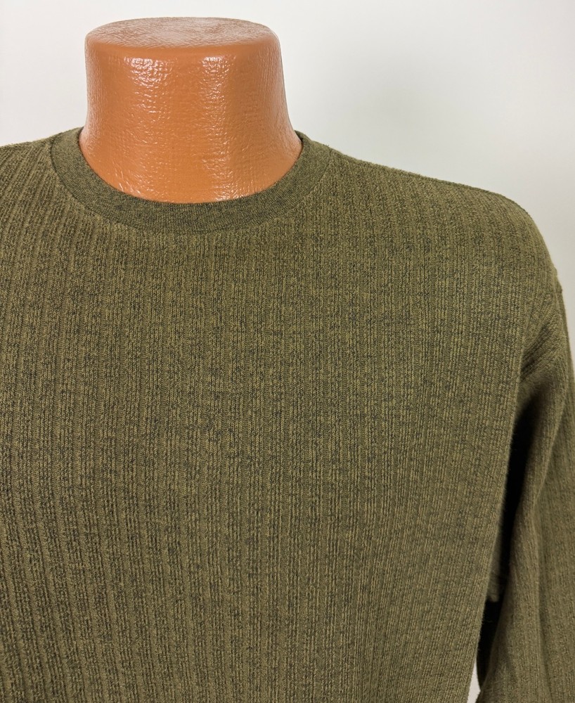 Vintage 90s Ribbed Knit Shirt Men Medium Minimalist Casual Olive Brown Midweight