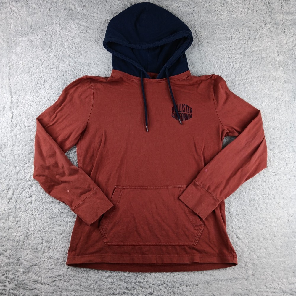 Hollister Shirt Mens Small Orange Blue Drawstring Logo Muff Pocket Hooded Tee