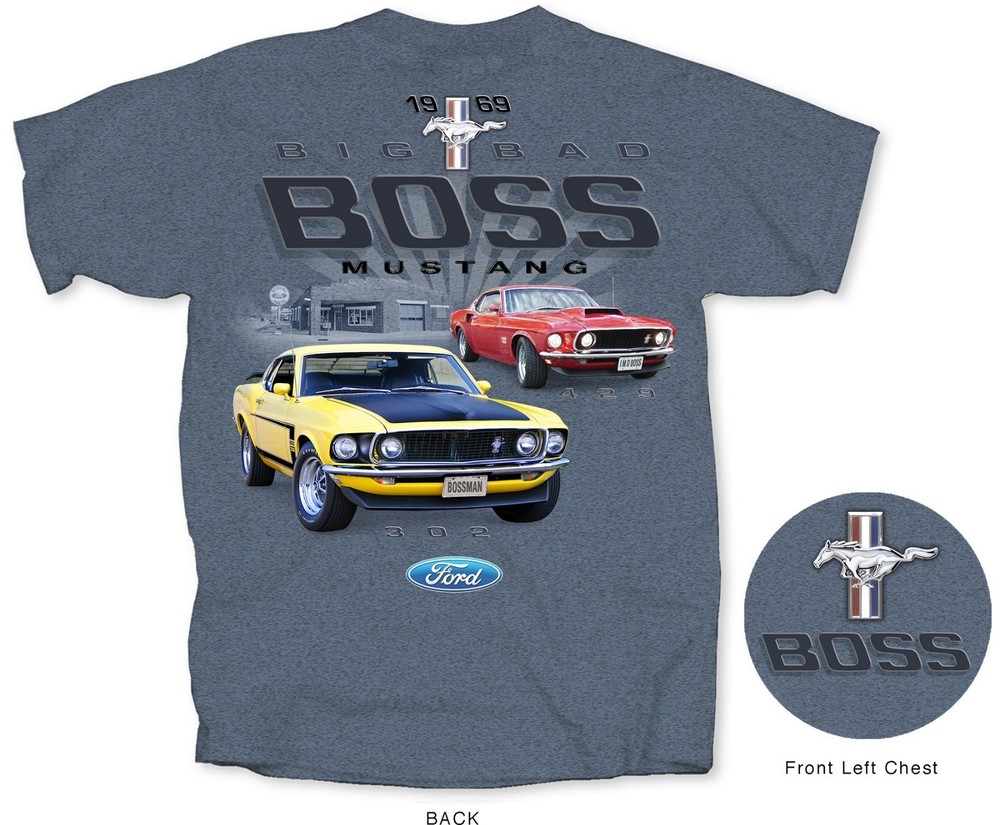 Joe Blow T’s 1969 Big Bad Boss Ford Mustang Men’s Blue T-Shirt 302 429 1st Gen
