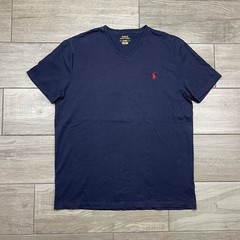 Polo Ralph Lauren V Neck T Shirt Mens Medium Cotton Navy Blue Red Pony Logo
