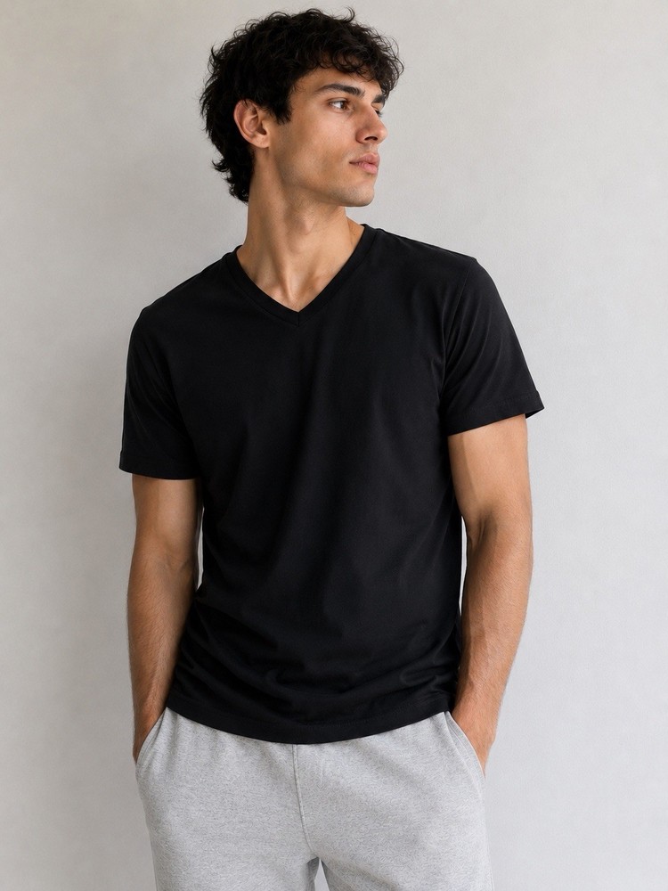 Black Short Sleeve V-Neck T-Shirt | Soft Stretch Casual Basic | Men’s