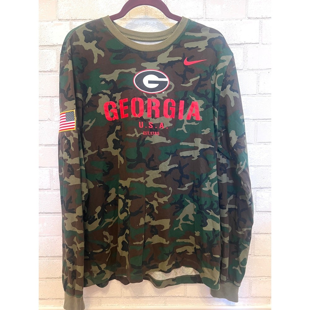 Nike Georgia Bulldogs Camo Long Sleeve Dri-FIT Shirt Mens Large USA Flag Patch