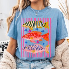 Preppy Coastal Fish Shirt Colorful Summer Graphic Tee Vacation Aesthetic