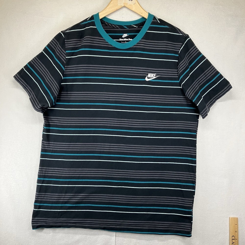 Nike Mens Striped Short Sleeve Ringer T-Shirt Blue Teal Cotton Large FD1358-451