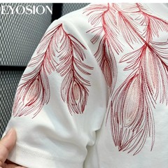 Men Embroidery Peacock Feathers T-Shirt Casual Short Sleeve Crewneck Cotton Tee