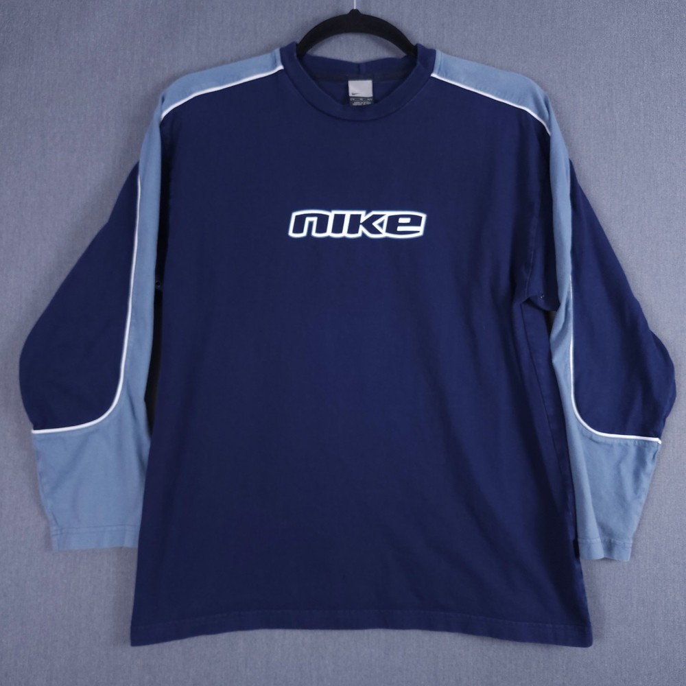Vintage Nike Center Spell Out Long Sleeve Shirt Mens XL Blue Cut Sew Piping Y2K