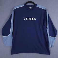 Vintage Nike Center Spell Out Long Sleeve Shirt Mens XL Blue Cut Sew Piping Y2K