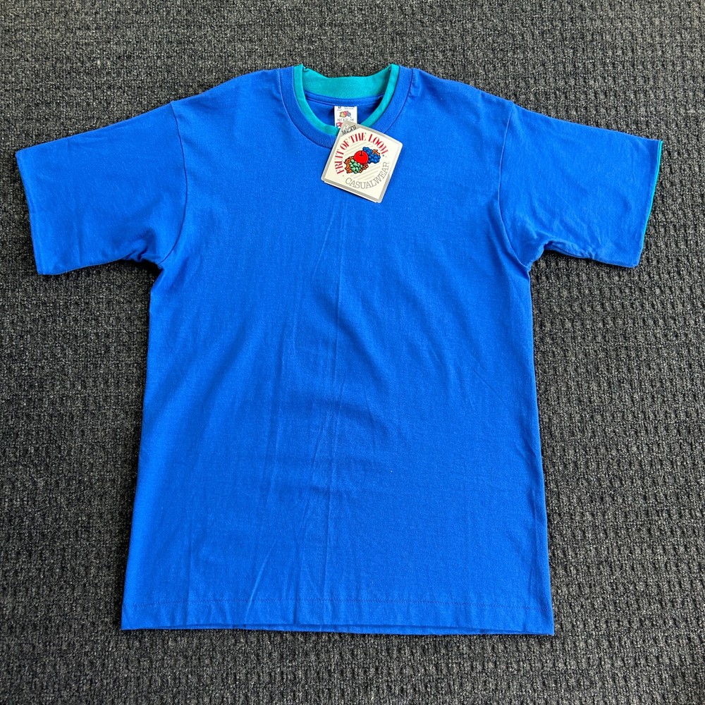 Vintage Fruit of the Loom Double Collar Sleeve T Shirt Blue M NEW Made in USA