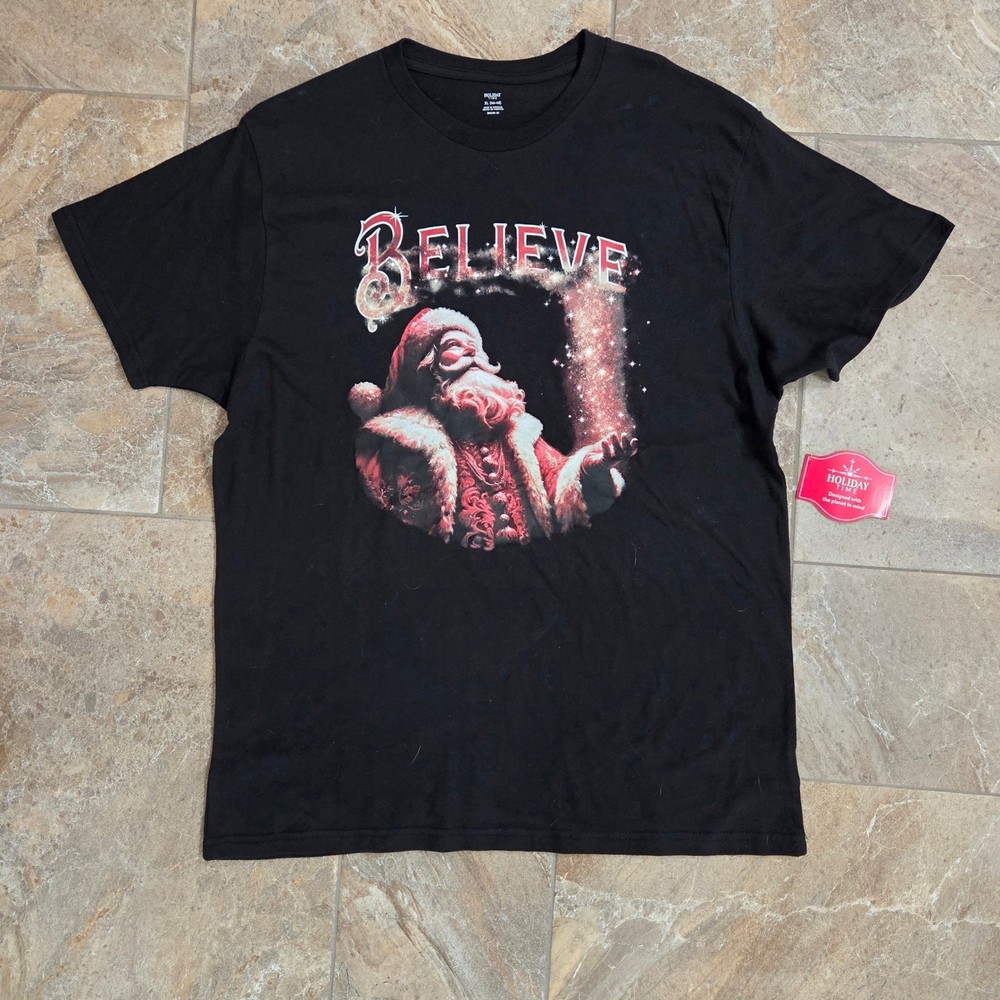 NWT Holiday Time Mens XL Santa Claus Believe Christmas T-Shirt Black