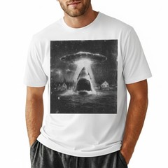 Funny Shark Abduction T-Shirt UFO Alien Vintage Art Sci-Fi Graphic Tee S-5XL