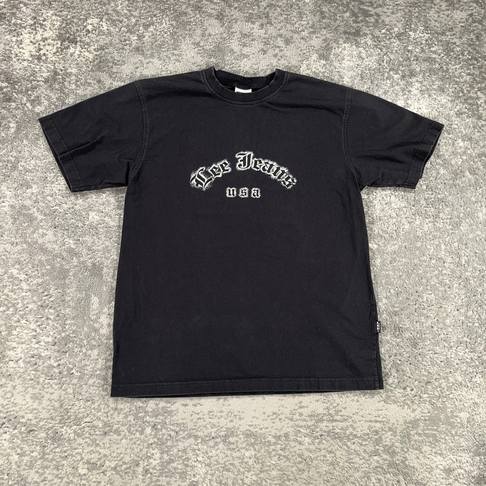 Vintage Lee Jeans Shirt Mens XL Black USA Gothic Spell Out Graphic Tee Spellout