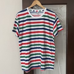 American Apparel Multi Striped Ringer Tee 50 50 Large Made In USA Red Green Blue