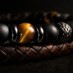Men’s Leather Bracelet Stack with Textured Stainless Steel Beads, Hematite, B…