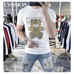 New Fashion Bear Trend Rhinestones Summer Short Sleeve Luxury Men Cotton T-Shirt