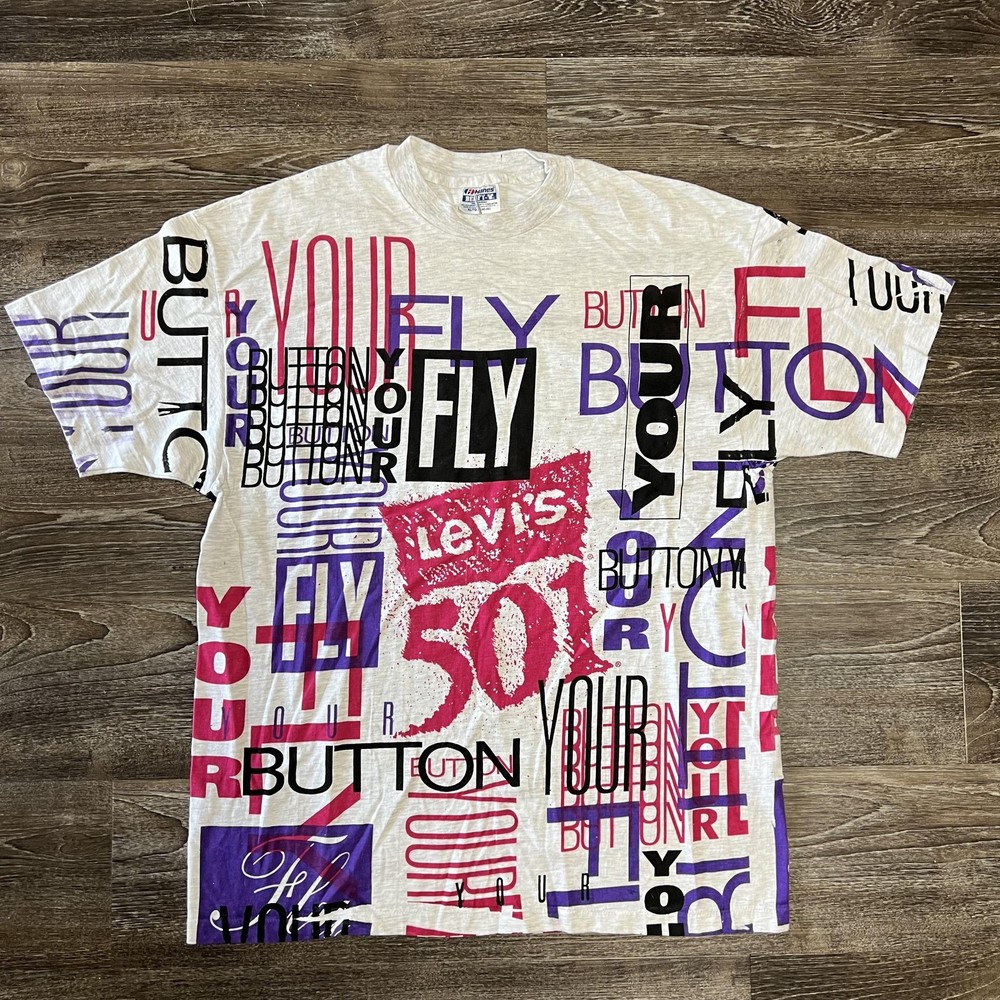 Vintage Hanes Levi’s 501 Button Your Fly Shirt Mens XL All Over 90s Graphic Tee