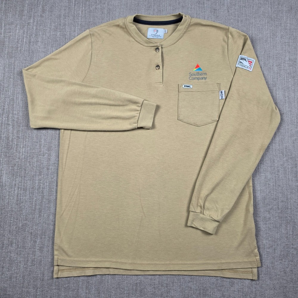 Tyndale FR Shirt Mens L Henley Beige Flame Resistant Workwear USA CAT 2 Pocket