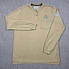 Tyndale FR Shirt Mens L Henley Beige Flame Resistant Workwear USA CAT 2 Pocket