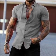 High quality men’s fitness short-sleeved shirt, business casual solid color stre
