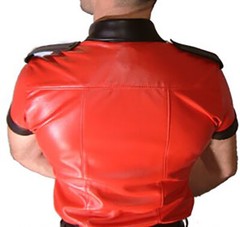 Men’s Lamb Leather Short Sleeves Police Shirt Red & Black Trims Sexy Bluf Shirt