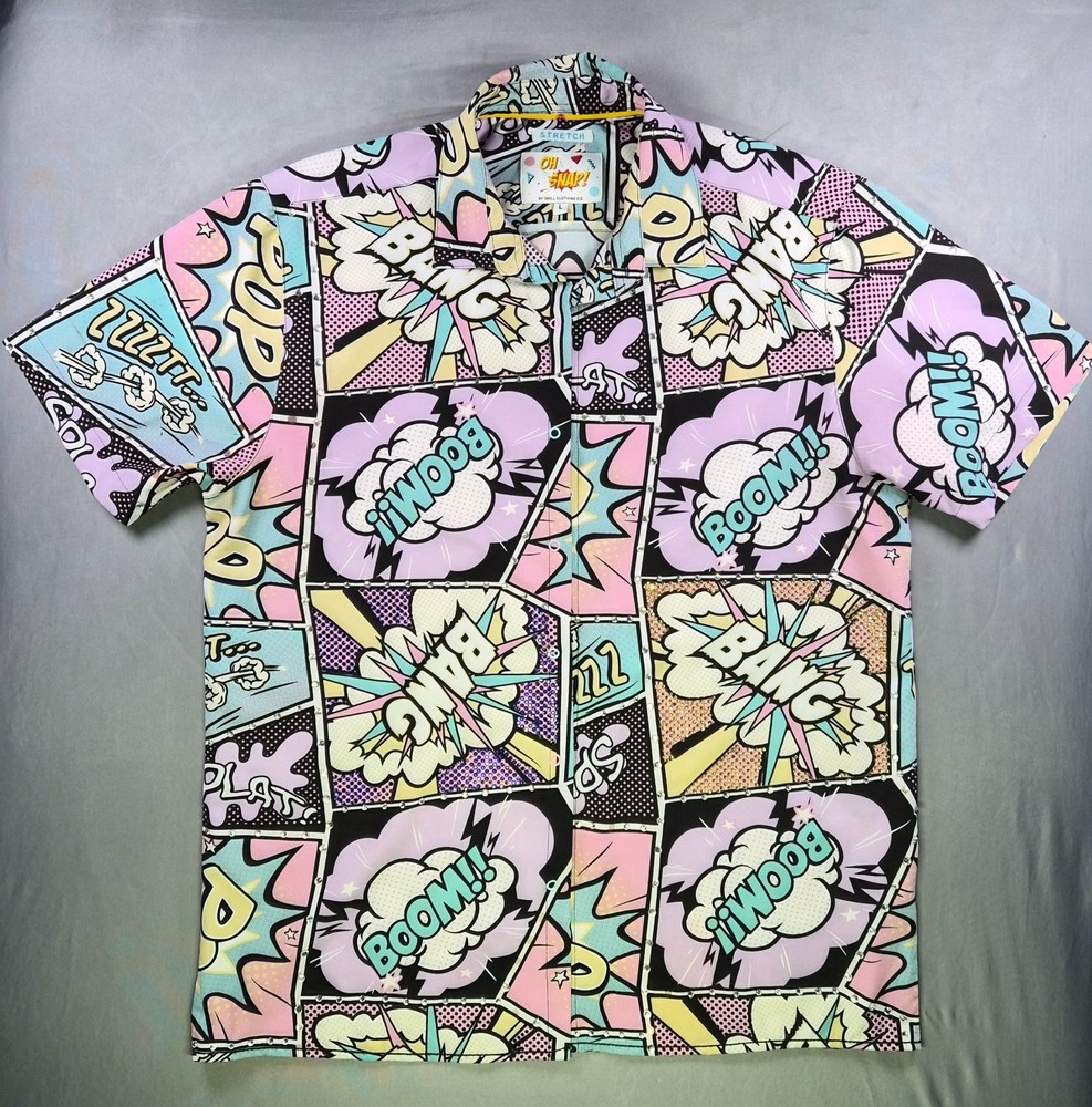 NWOT OH SNAP MENS SHIRT COMIC RHINESTONE STRETCH L MULTICOLOR – RAVE DANCE PARTY