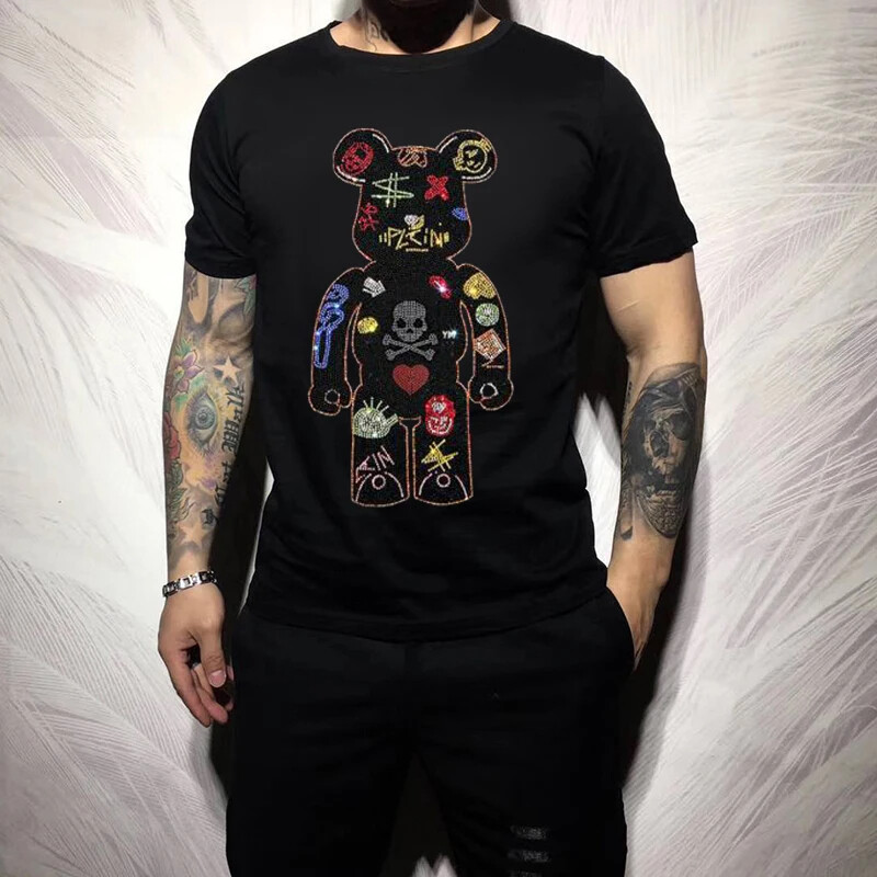 New Fashion Hot Drill Bear Rhinestones Trend Cotton Summer Luxury Men T-Shirt