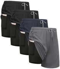 Kinglaman 4 Pack Mens 2 in 1 Running Workout Large, 2 Black 1 Blue 1 Gray