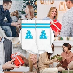 Sky Blue Initial Stripes Socks with Letter A, Retro Athletic Style Socks, Per…