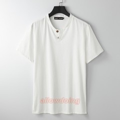 Men’s Stand-up Collar Short Sleeve Cotton Hemp Summer T-shirt Loose Linen V-neck