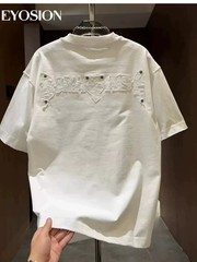 Men High Street Letter Patch Embroidered T-Shirt Rivet Heavy Weight Casual Tee
