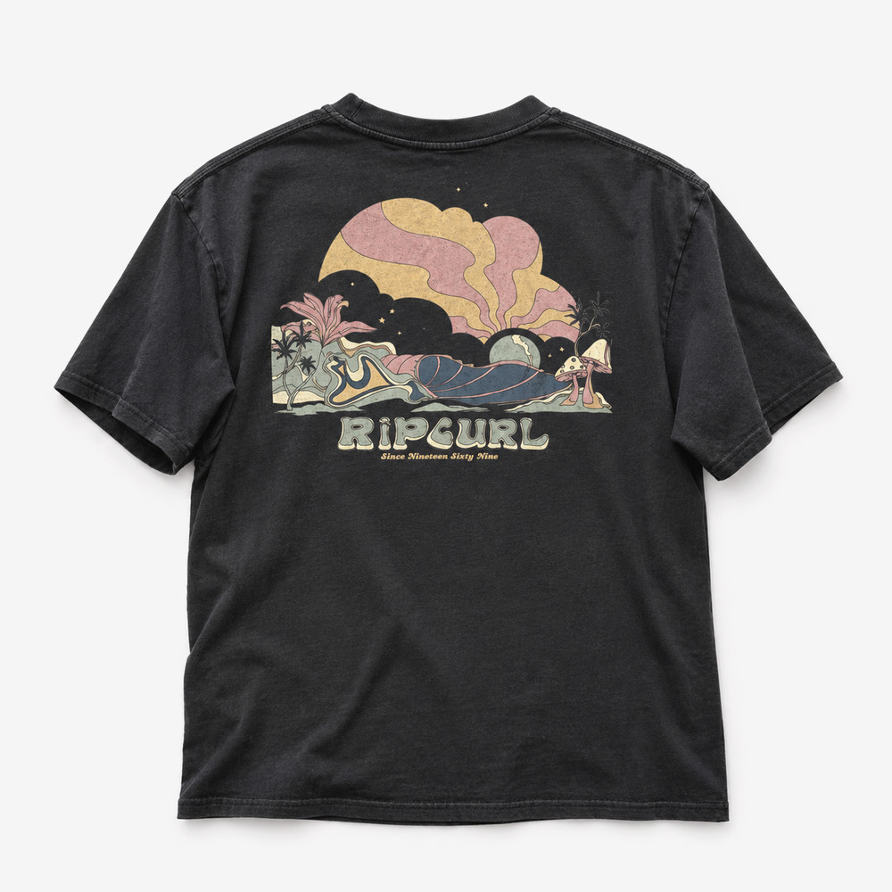 Rip Curl Mens M Black Surf Graphic T Shirt Relaxed Fit Back Print Beach Tee