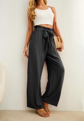 Women’s Wide Leg Pants with Pockets High Waist Adjustable Knot Loose Casual T…