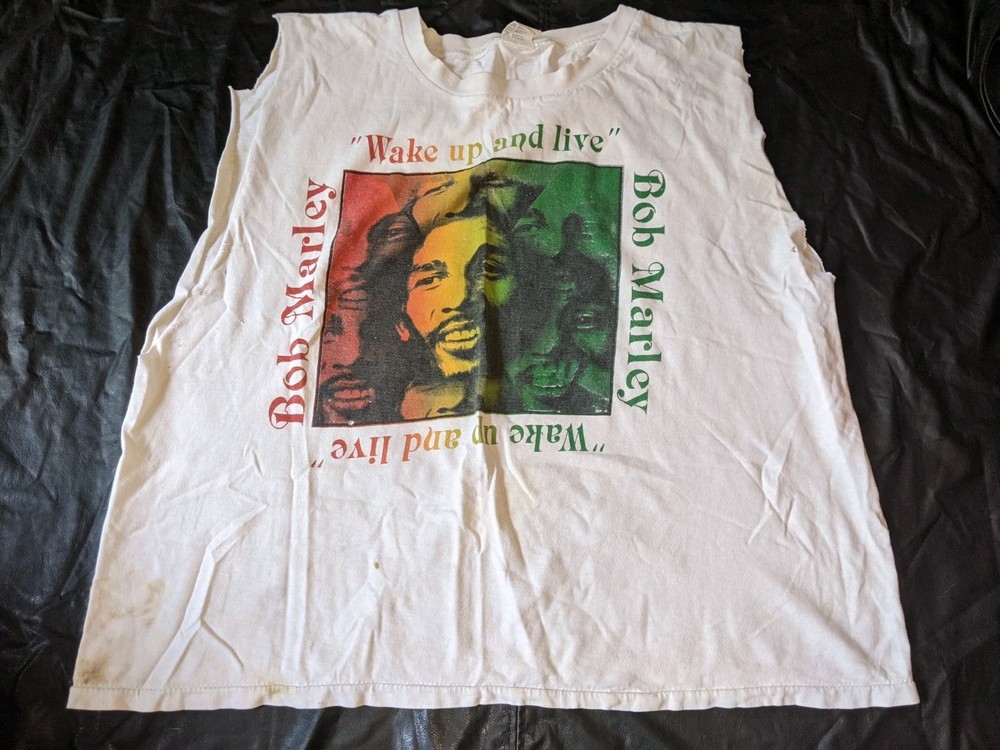 Bob Marley Vintage T Shirt Size XL Wake Up And Live Cut Off Sleeveless Spots