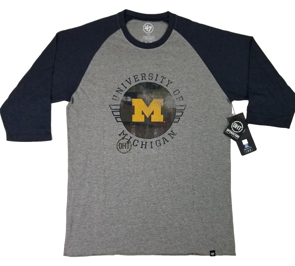 ’47 Brand MICHIGAN WOLVERINES Operation Hat Trick Raglan 3/4 T-Shirt Adult M NWT