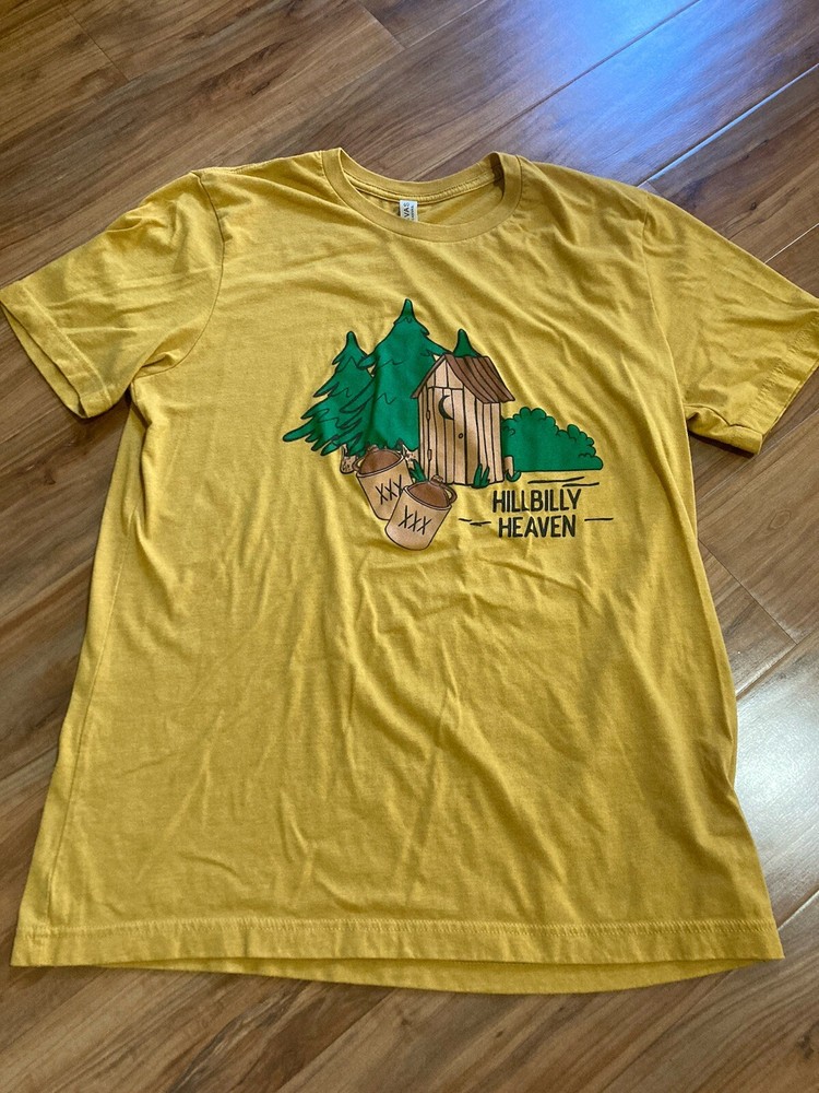 FUN Hillbilly Heaven T-Shirt Adult Sz. L Outhouse-Moonshine-Woods Bella Canvas