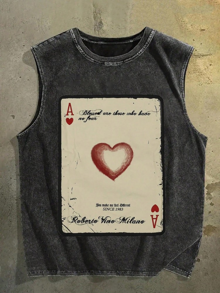 Mens Washed Black Ace of Hearts Vintage Print Sleeveless Tank Top