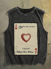Mens Washed Black Ace of Hearts Vintage Print Sleeveless Tank Top