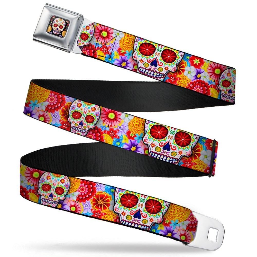 Seatbelt Belt – Sugar Skull Starburst White/Multi Color – 1.0″ Wide – 20-36 I…